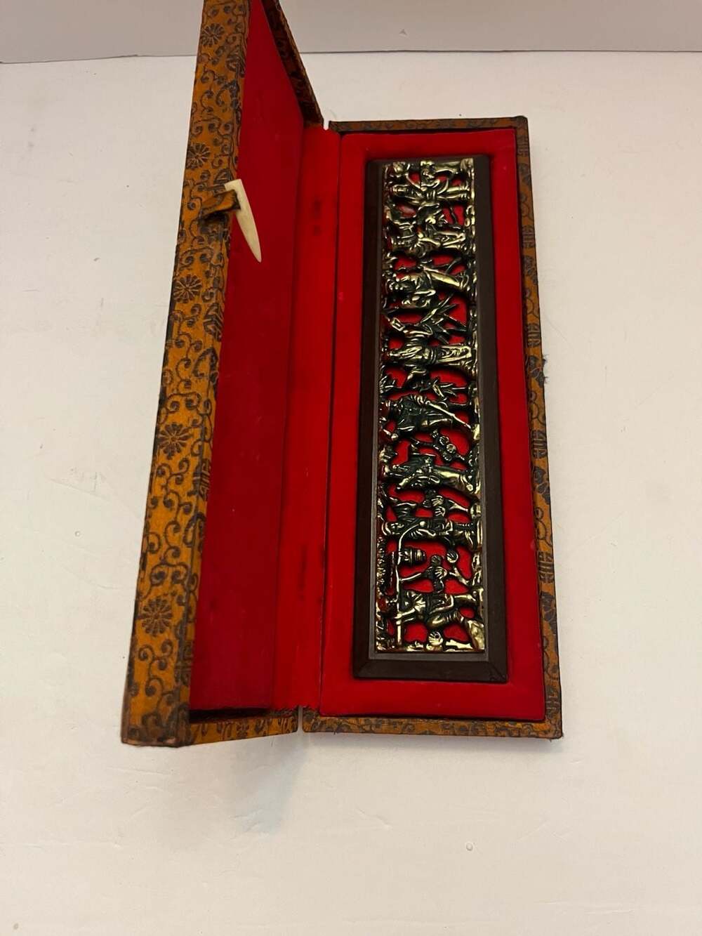 Vintage Chinese Eight Immortals Crossing Sea Metal Relief Plaque w Box